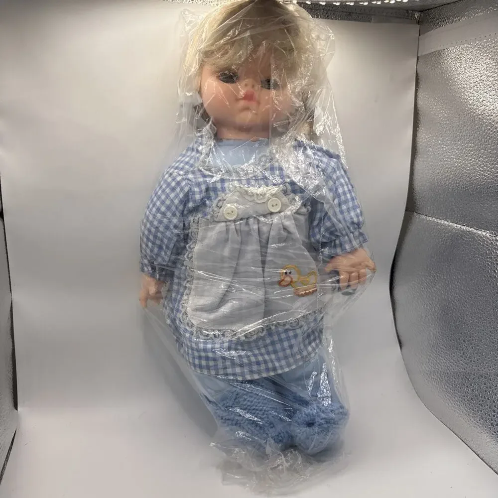 Vintage 15” Soft Body Baby Doll Blonde Hair Blue Gingham Dress *